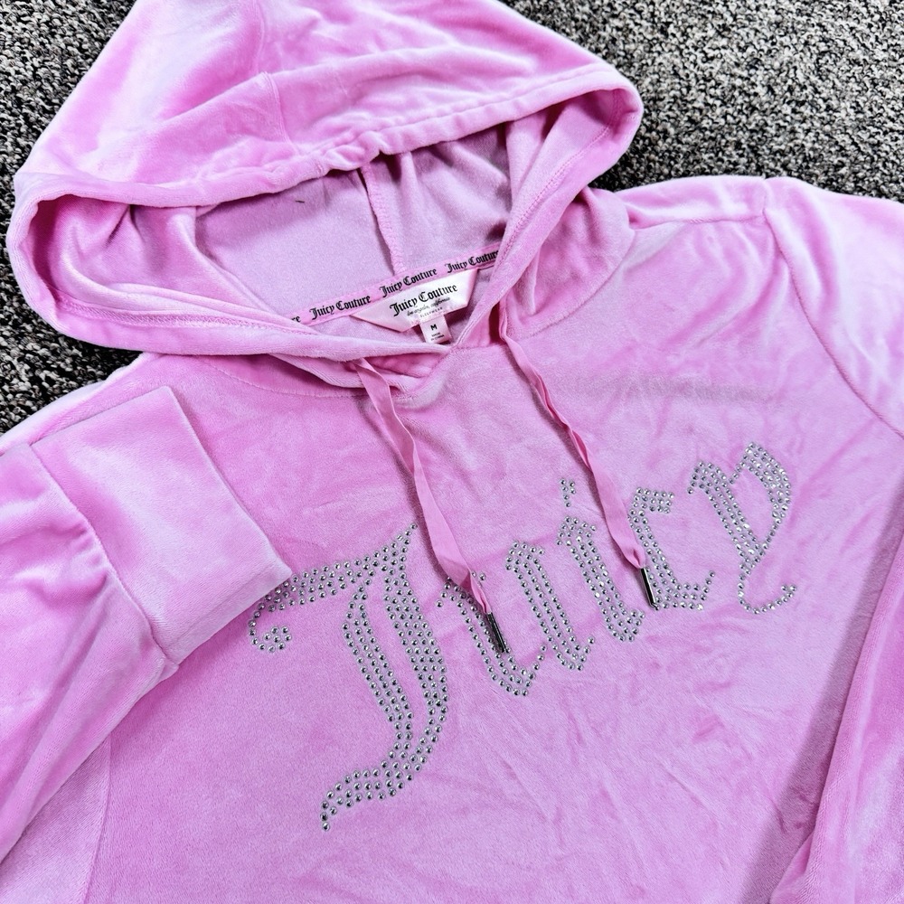 Juicy Couture Velour Hoodie Sleepwear Pink‎ Rhinestone Logo Cropped Size M
